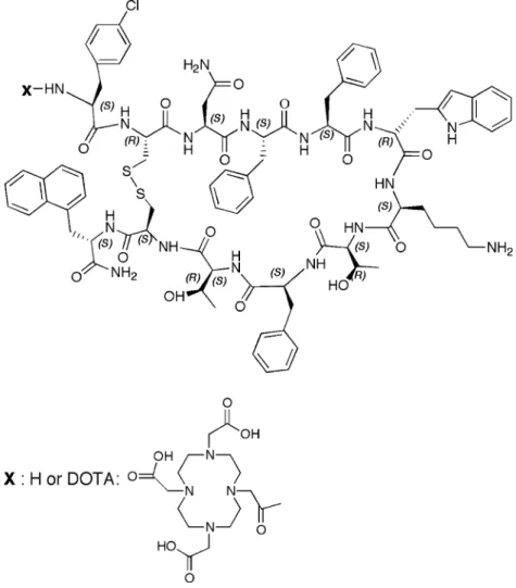 Fig. 1 Structure of 406-040-15 and 406-051-20. 406-040-15: cyclo (2–11)  H-Cpa-DCys-Asn-Phe-Phe-DTrp-Lys-Thr-Phe-Thr-Cys-2Nal-NH 2 