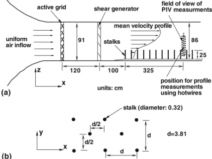 Fig. 1 Schematic of wind-tunnel experiment setup (not to scale). (a) Layout in the vertical plane
