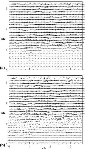 Fig. 4 An instantaneous velocity field from LES in a vertical plane. (a) Vector of u and ˜ w ˜ ; (b) vector of