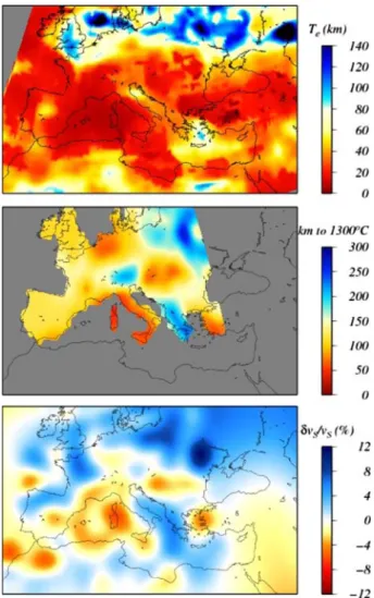 Fig. 24 Lithospheric strength, or T e (top), from Fig. 1a of Pe´rez-Gussinye´ and Watts (2005); (middle) thermal thickness of the lithosphere from model TC1 of Artemieva (2006); (bottom) Voigt average dv S =v S