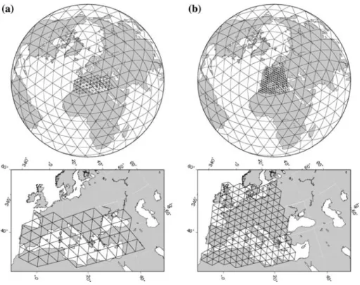 Fig. 2 (a) Spline-knots in the parameterization of Boschi et al. (2004), and (b) this study