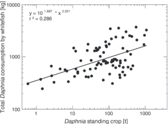 Figure 9. Total estimated Daphnia consumption by all whitefish types (monthly means of daily consumption, January 1995 – December 2002) as a function of total Daphnia standing crop (monthly samples of years 1995 – 2002) according to the bioenergetics model