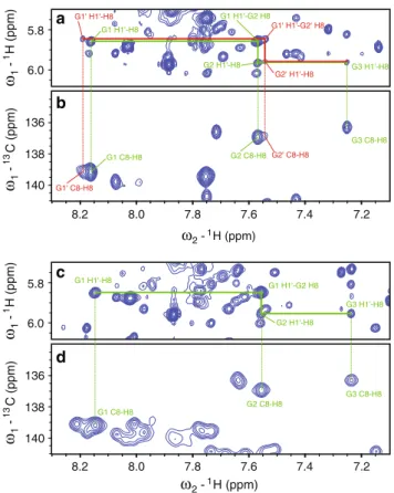 Figure 4 shows four 2D correlations among the five ref- ref-erences: between the two C8 of 5 0 G and 5 0 GG (Fig