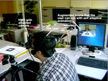 Fig. 5. The user with a camera mounted on the HMD looks at the scene with the marker