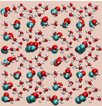 Fig. 6 Water/CO cluster structure. Molecules that are fixed during the trajectory are shown with smaller atom spheres, molecules that are free to move are shown with large atom spheres