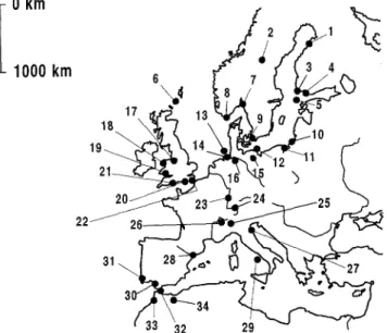 Fig.  1.  Geographical distribution  of the 34 ringing sites where birds  were  captured  for  this  study