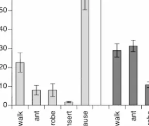 Fig. 1. Proportion of time (mean ± SE) spent by Xanthopimpla stemmator in five different behavioral states on a model offering mechanosensory cues only (n = 10) and on maize plants with hidden Ostrinia nubilalis pupae offering multiple stimuli (n = 18)