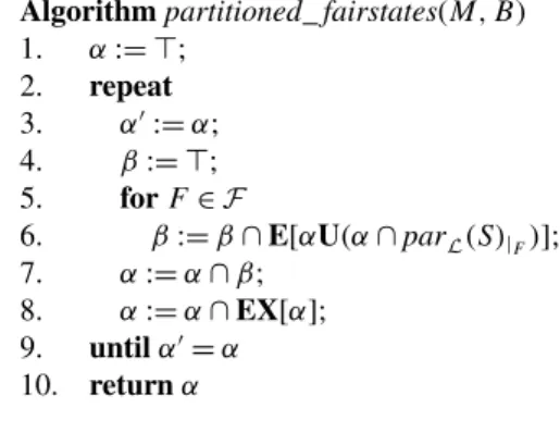Fig. 7 Algorithm partitioned_ fairstates(M, B) 1. α := ; 2. repeat 3. α  := α; 4. β :=  ; 5