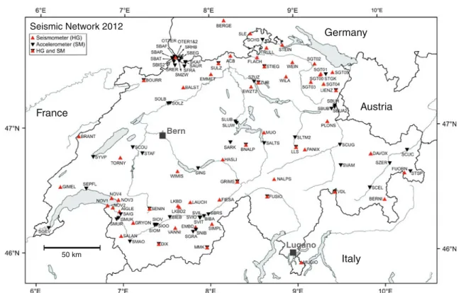 Fig. 1 Seismograph stations in Switzerland with on-line data acquisition operational at the end of 2012