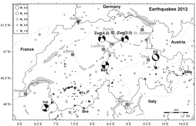 Figure 5 shows the epicenters of the 893 earthquakes with M L C 2.5, which have been recorded in Switzerland and surrounding regions over the period 1975–2012