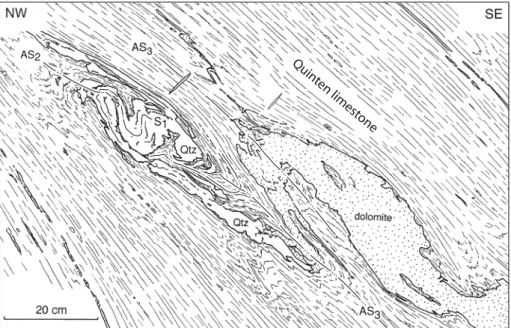 Fig. 7.  calcite vein in the Quinten limestone with  quartz  fibres  oriented  parallel  to  the  stretching  lineation  L 1   on  the  first  schistosity  s 1 ,  which  is  deformed by F 3  folds (axial surface marked s 3 )