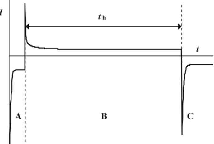 Figure 3 shows the current transients during cathodic discharge subsequent to anodic polarization at E h = +100 mV for varying holding time, t h 