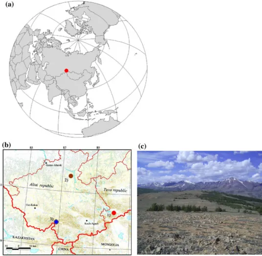 Fig. 1 Maps with a the location of the study region (red dot), b the sampling site in the Tuva Republic, Russia (1-red dot);