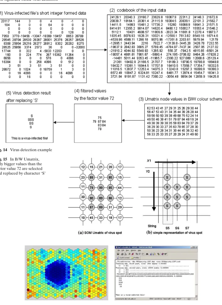 Fig. 14 Virus detection example Fig. 15 In B/W Umatrix, only bigger values than the factor value 72 are selected and replaced by character ‘S’