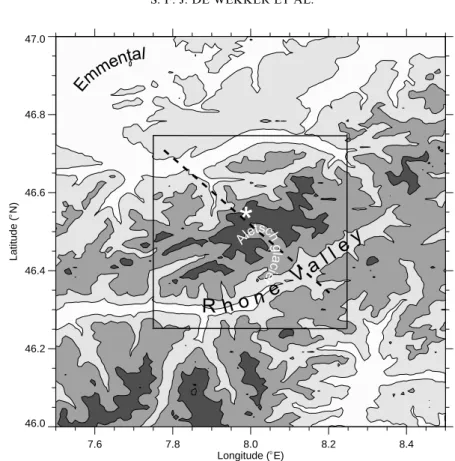 Figure 1. Topographic map of the experimental area. Contour lines are drawn every 1000 m, the darkest shade representing terrain over 3000 m a.s.l