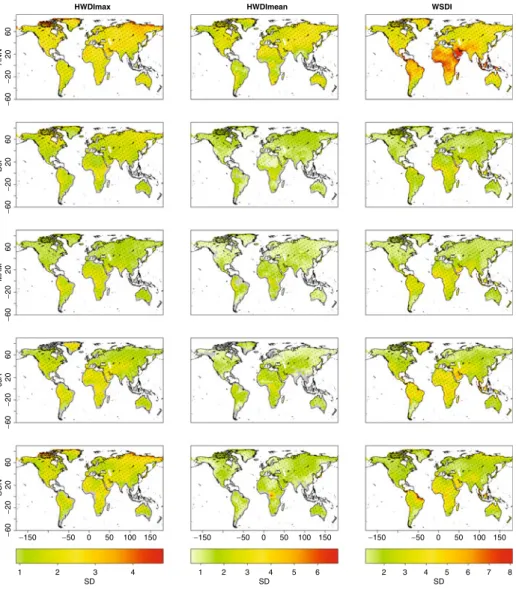 Fig. 5 Annual and seasonal changes of three heatwave duration indices: maximum heatwave duration (HWDImax), average heatwave duration (HWDImean) and the warm spell duration index (WSDI)