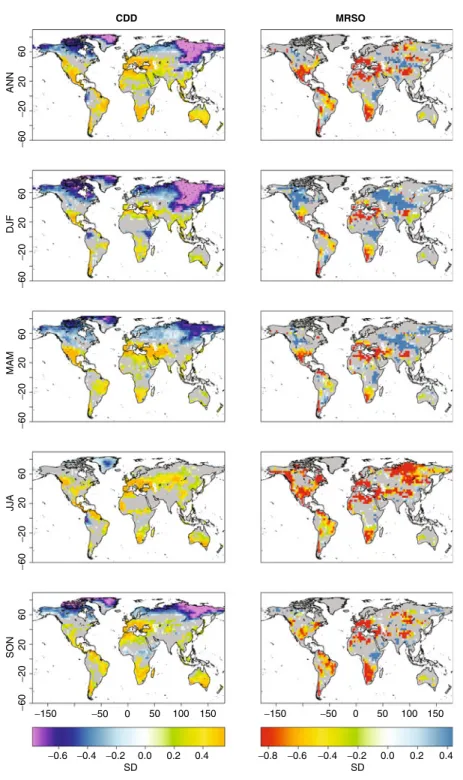 Fig. 8 Annual and seasonal changes of two dryness indicators: Consecutive dry days (CDD, days with pr &lt; 1 mm) and average soil moisture (mrso)