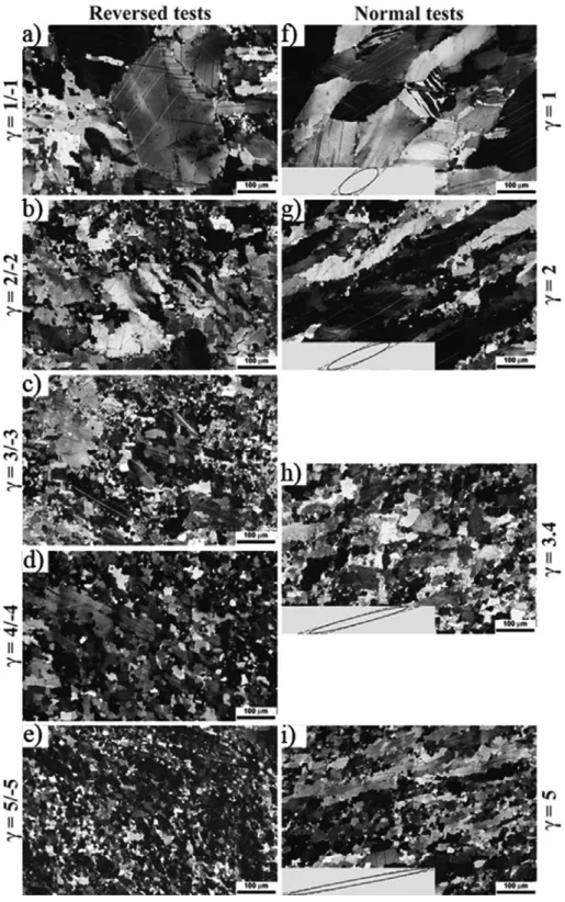 Fig. 4.  thin  section  photographs  in  crossed-po- crossed-po-larized transmitted light of deformed type I  ex-periments compared with single stage deformed  samples