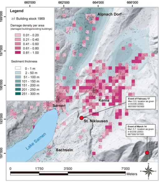 Fig. 9 Percentage of damaged buildings per grid unit for the villages showing the highest intensity