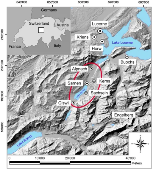 Fig. 1 Region of interest: Central Switzerland and approximate position of the damage field