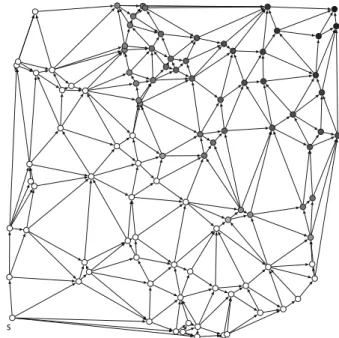 Fig. 3. Instance of a directed acyclic Delaunay graph used as a test case. The shading of the nodes indicates their weights.
