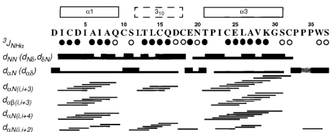 Figure 2. Resonance assignment and secondary structure of Er-22. Open and filled circles identify residues with 3 J H N α &gt; 8.0 Hz, and 3 J H Nα &lt; 6.0 Hz, respectively