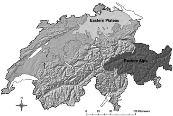 Fig. 1 Map of Switzerland, the Eastern Plateau and the Eastern Alps overlaid with the hill-shaded DTM25 ( Ó 2004 Swisstopo)
