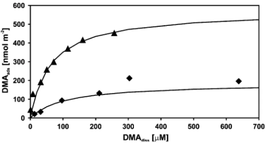 Figure 2 . Adsorption isotherm for DMA on goethite at pH 6 (triangles) and pH 8 (diamonds)