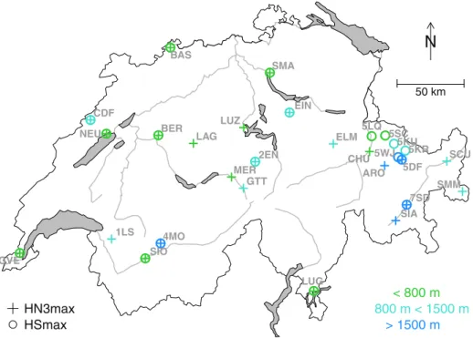 Fig. 1 Spatial and altitudinal distribution of the investigated stations in Switzerland
