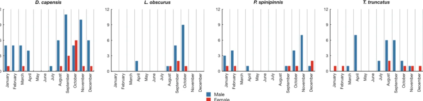 Figure 4 shows that more males were sampled at most periods of the survey although this general trend is reversed at certain periods (October for D