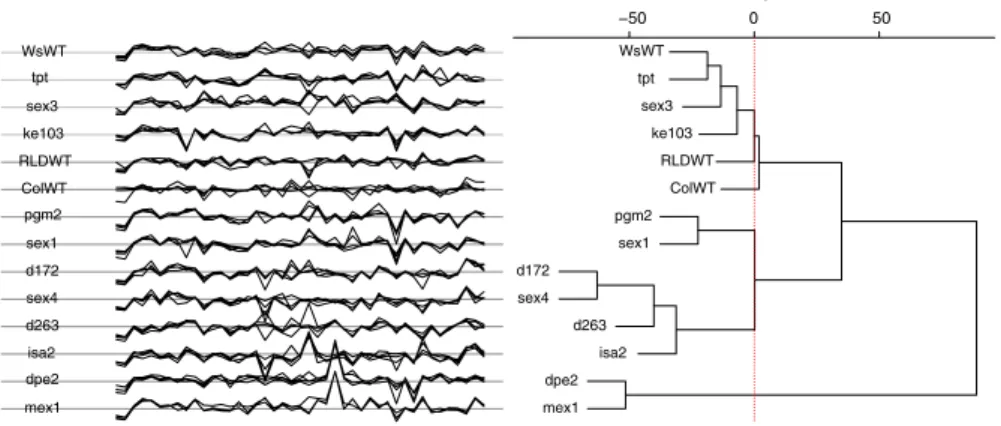 Fig. 4 Metabolic profile data. The left part shows four replicate metabolic profiles for each of 14 plant phenotypes, with measurements on 42 metabolites