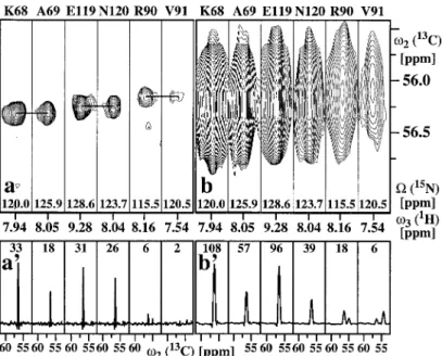 Figure 2. Comparison of corresponding [ ω 2 ( 13 C), ω 3 ( 1 H)] strips from HNCA spectra obtained with and without 13 C constant time evolution: