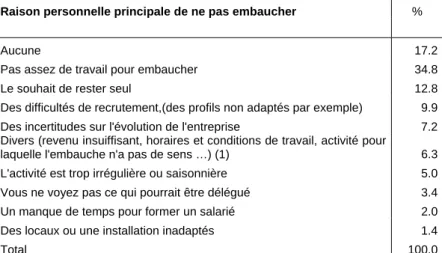 Tableau 16 : Raisons invoquées par les créateurs pour ne pas embaucher 