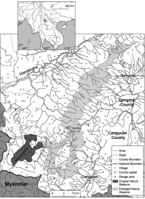 Fig. 1 Map of the original (dark gray) and extended part (light gray) of the Nangunhe Nature Reserve (Geissmann et al