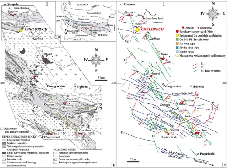 Fig. 1 a Major tectonic zones of Bulgaria (after Ivanov 1988). b Simplified geology of the Panagyurishte ore district (modified after Popov and Popov 2000)