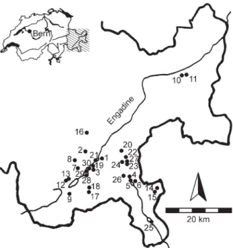 Figure 1. Map of the study area showing the location of the sampled  lakes. The lakes are numbered according to Table 1.