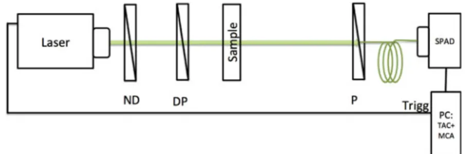 Fig. 5. Scheme of the experimental setup for the time of ﬂight measurements. The laser pulse emitted at 532 nm was attenuated by a neutral density ( ND ) ﬁlter, passed through a depolarizer ( DP ), and hit the target