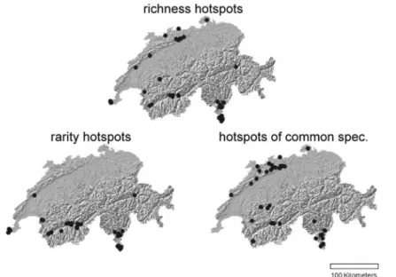 Fig. 4 Locations of grasshopper hotspots in Switzerland: rarity hotspots (n = 50) are mostly restricted to southern Switzerland, whereas the hotspots of common species (n = 50) and richness hotspots (n = 50) are also located in northern Switzerland