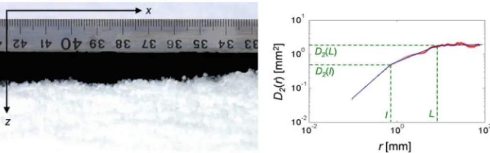 Fig. 3 Snow–air interface contour line and characteristic length scales for the second-order structure function D 2 ( r )
