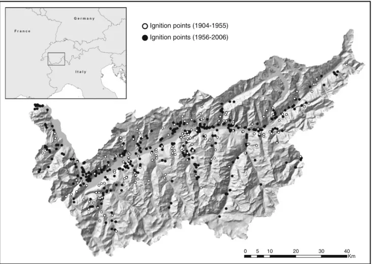Fig. 1 Study region (Valais) with the ignition points for the periods 1904–1955 and 1956–2006 (Source of administrative boundaries: