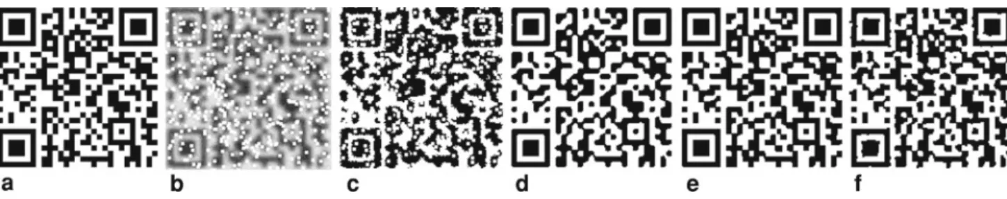 Fig. 5 Segmentation of a noisy, blurred QR code with missing data.