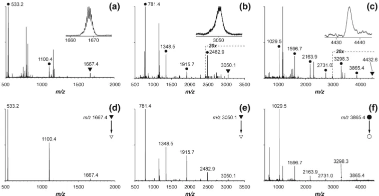 Figure 1. Nano-ESI mass spectra (a)-(c) and CID-MS/MS spectra (d-f) of RuCD complexes