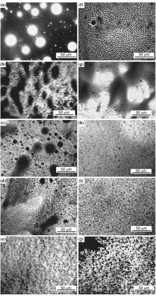 Fig. 1 Fluorescence micrographs of m-LLDPE modified bitumen: PE–O: