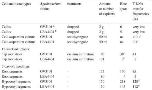 Table 1. Efficiencies of T-DNA transfer expressed as numbers of blue cells or blue spots on explants relative to the total number of cells or explants used