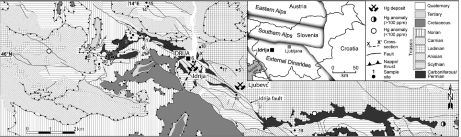 Fig. 1 Simpliﬁed geological map of the Idrija deposit area (modiﬁed after Mlakar 1969) and location of regional samples.