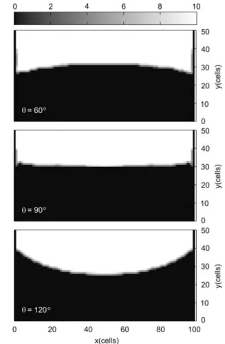 Fig. 6. Surface evolution due to surface tension from the ini- ini-tial shape (top panel) after 4500 time steps (center) and the steady state after 20000 time steps (bottom panel)