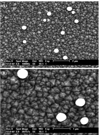 Fig. 9. SEM pictures at two diﬀerent magniﬁcation scales of a BDD–Pt electrode prepared by electrodeposition with a single  poten-tial step (5 s) from 1 to 0.02 V in a N 2 -saturated 2 m M H 2 PtCl 6 + 1 M HClO 4 solution