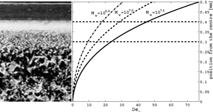 Fig. 2 Left: morphology for the ‘outdated’ Dalphen KS 10 melt after the ﬂow in a duct of 1 mm width at T=4203 K with _
