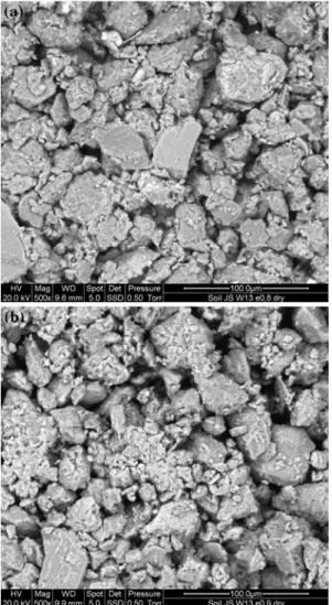 Fig. 10 ESEM on Jossigny silt with void ratio e = 0.80: a water content w = 13%; b water content w = 21%