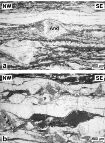 Fig. 10 a Sigmoidal andalusite porphyroclasts (And), indicating sinistral shearing, with new biotite and muscovite growth in the pressure shadows (location 3, Fig